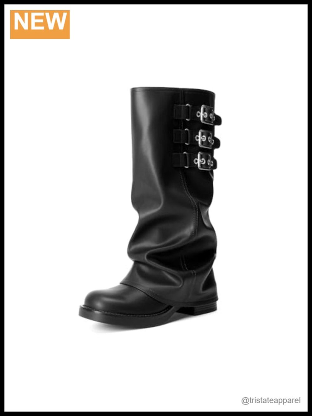 Fold-Over Knee High Fashion Boots with Buckles, Square Toe, Low Heel